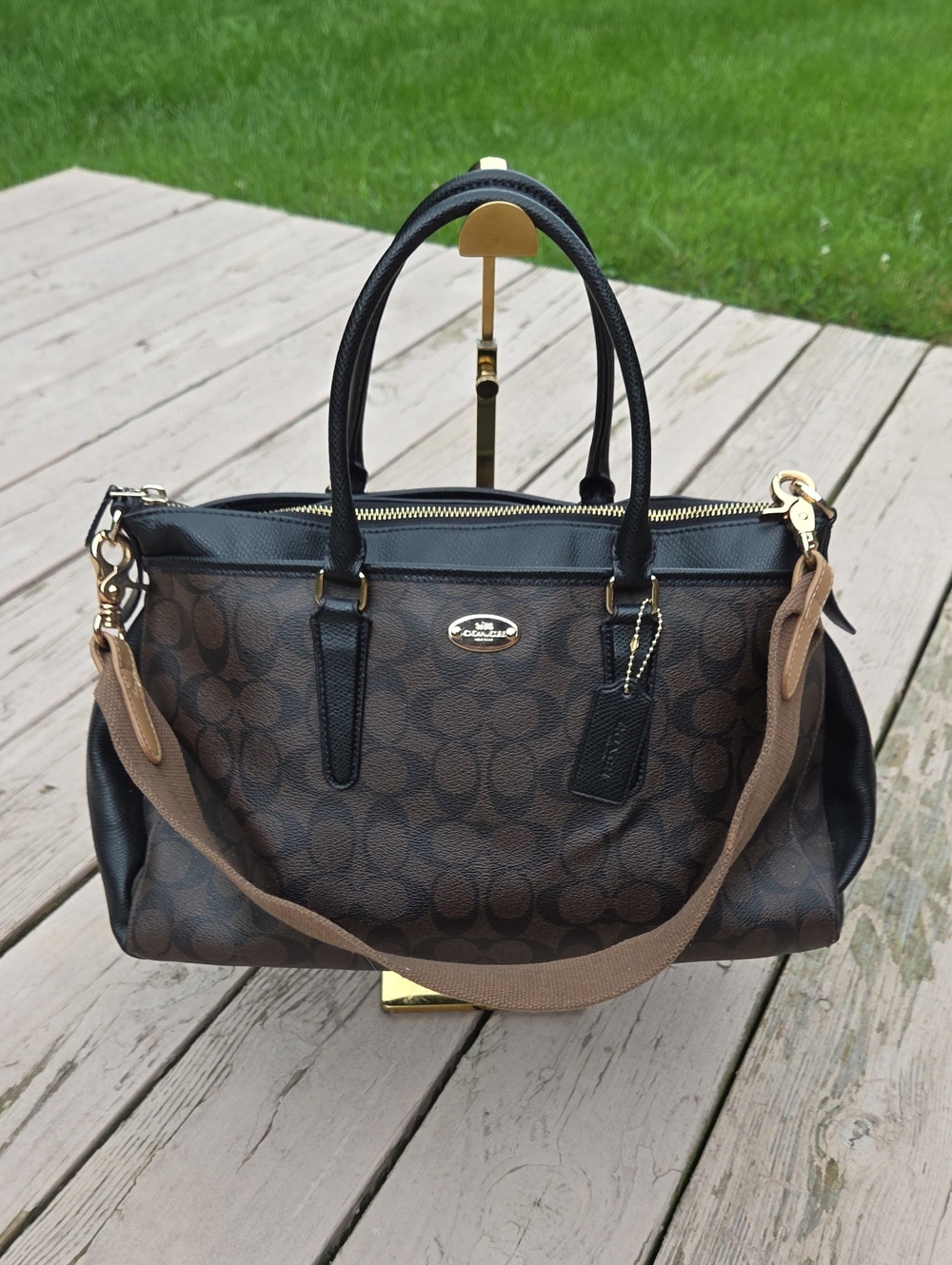 Coach Morgan Satchel F34617 Black & Brown Coated Canvas Monogram $450 Retail EUC
